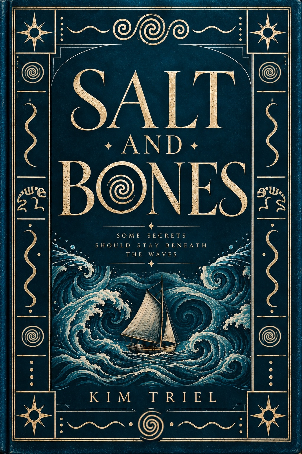 Book cover for Salt and Bones by Kim Triel: gold ornamental border on a deep teal background, with a small sailboat riding stylised turbulent waves beneath the tagline 'Some secrets should stay beneath the waves.'